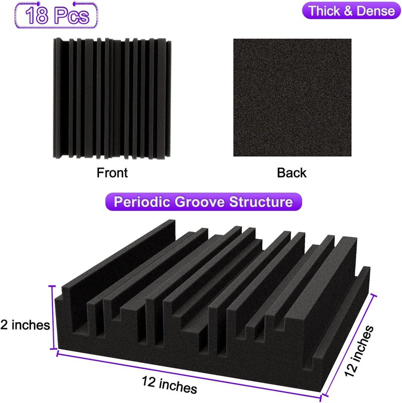 TroyStudio Thick Acoustic Foam Panels, 12 X 12 X 2 Inch 18 Pcs Broadband Sound Absorbing Foam, Dense Soundproof Padding Tile, Recording Studio Foam Absorber, Groove Decorative 3D Wall Ceiling Panel - Image 2